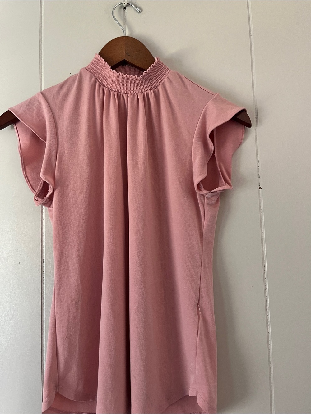 New York & Company Dusty Pink Mock Neck Flutter Sleeve Blouse